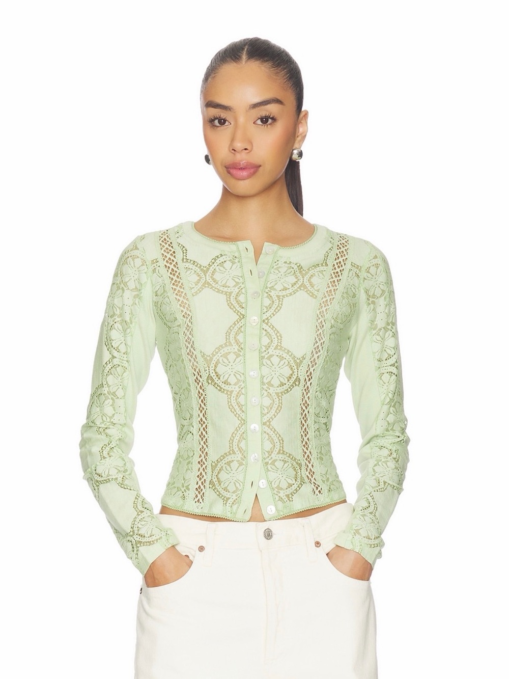 Free People Fresh Green Lace Knit Button-Up Top